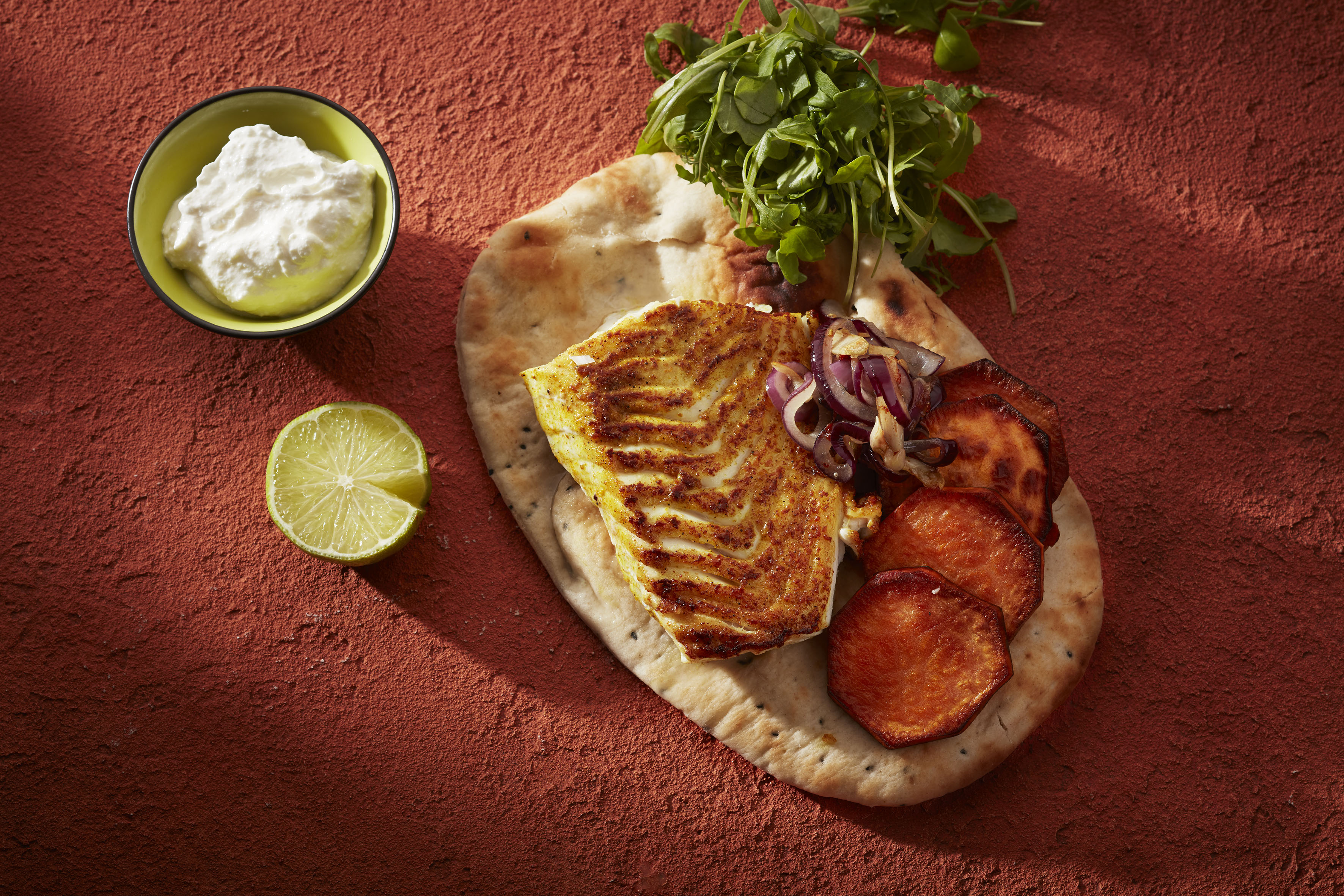 Torsk med karri, søtpotet og nanbrød